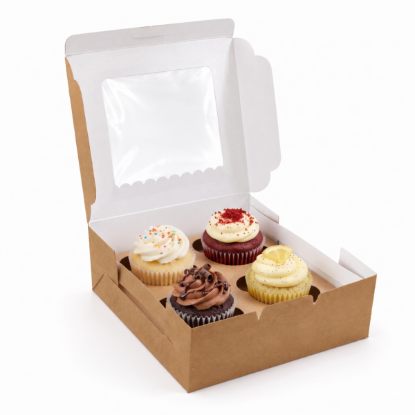 Brown Four Cupcake Small Box 15.2cm x 15.2cm x 5.1cm (H)